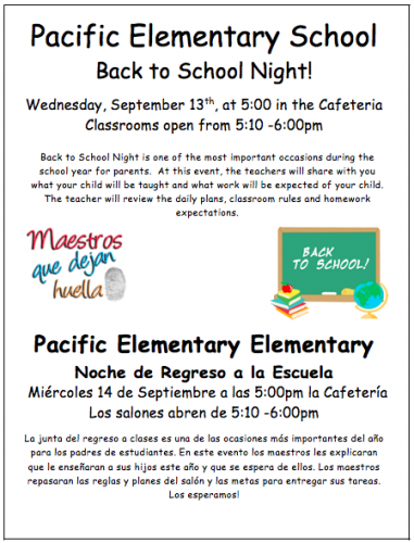 Back to School Night on Wednesday, September 13th @5pm