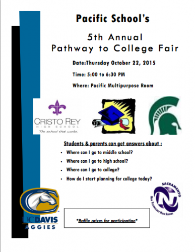 Pacific will host Pathway to College Fair Thursday, October 22nd 5:00 pm. Students will meet representatives from area Middle Schools, High Schools and Colleges.
