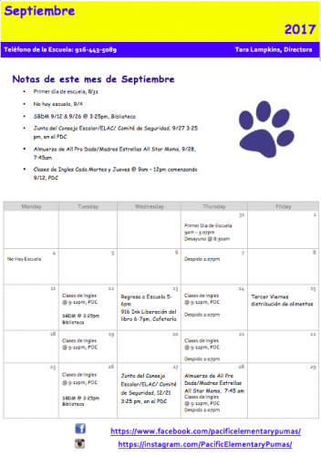September Parent Calendar - Spanish